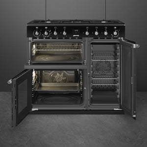 Black 90cm Smeg Concert Classic CX93GMBL dual fuel range cooker with open ovens, free delivery to Eastbourne and Uckfield. - DB Domestics