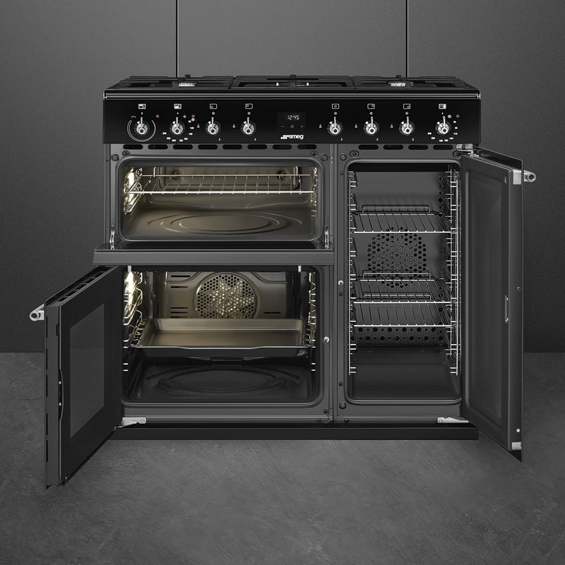 Black 90cm Smeg Concert Classic CX93GMBL dual fuel range cooker with open ovens, free delivery to Eastbourne and Uckfield. - DB Domestics