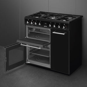 Black Smeg Concert Classic CX93GMBL 90cm dual fuel range cooker with two open ovens, six burner gas cooktop, stainless steel . - DB Domestics