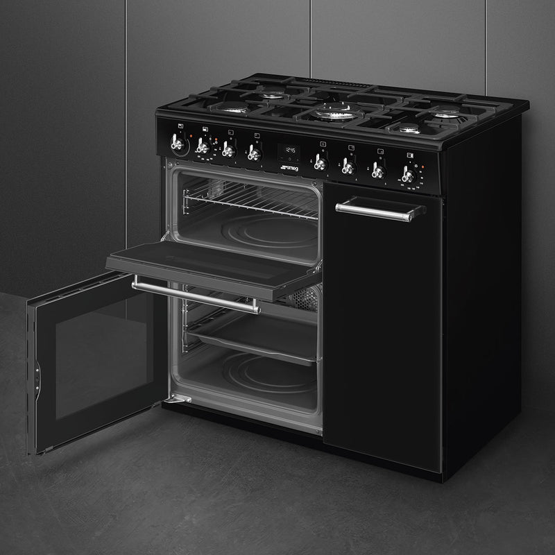 Black Smeg Concert Classic CX93GMBL 90cm dual fuel range cooker with two open ovens, six burner gas cooktop, stainless steel . - DB Domestics