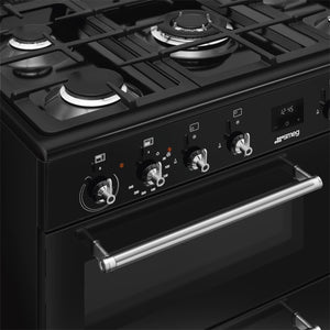 Black Smeg Concert Classic CX93GMBL 90cm dual fuel range cooker with silver knobs and handle, available in Eastbourne and. - DB Domestics