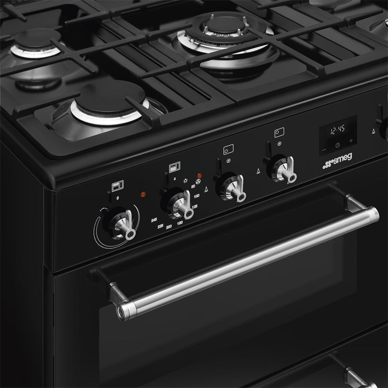 Black Smeg Concert Classic CX93GMBL 90cm dual fuel range cooker with silver knobs and handle, available in Eastbourne and. - DB Domestics