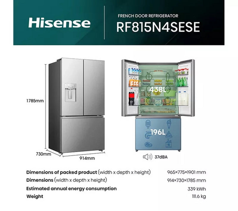 Hisense RF815N4SESE Plumbed Silver American Fridge Freezer