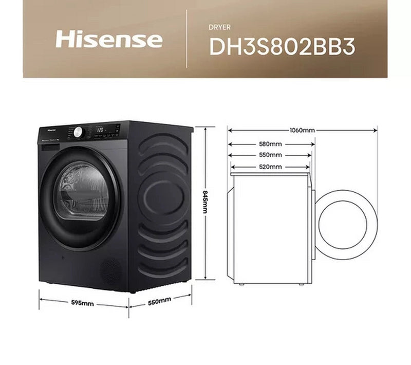 Hisense Series 3S DH3S802BB3 8kg Heat Pump Tumble Dryer – Sensor Drying & Wi‑Fi – Black (A+++ Rated)