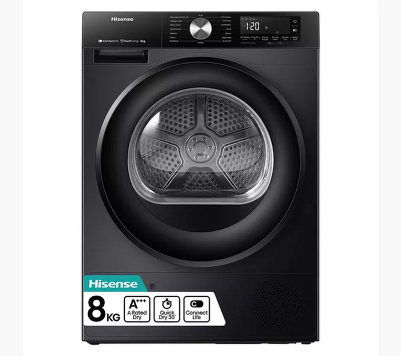 Hisense Series 3S DH3S802BB3 8kg Heat Pump Tumble Dryer – Sensor Drying & Wi‑Fi – Black (A+++ Rated)