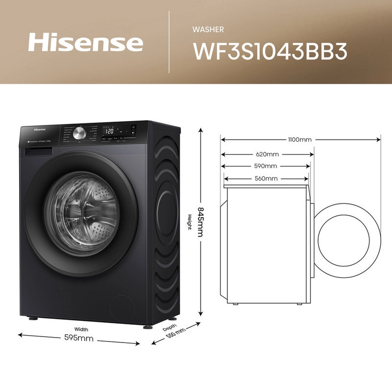 Hisense WF3S1043BB3 10.5kg 1400rpm Freestanding Washing Machine - Black