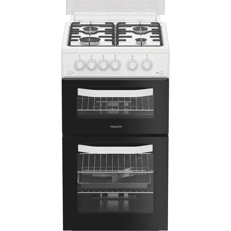 Hotpoint HDG5GCW 50cm Freestanding Gas Cooker – Double Oven, 4 Burner Hob – White (A+ Rated)