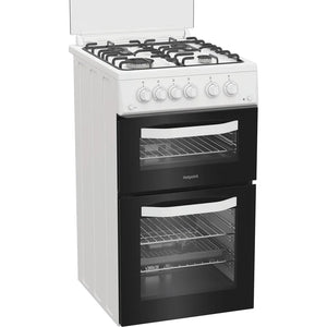 Hotpoint HDG5GCW 50cm Freestanding Gas Cooker – Double Oven, 4 Burner Hob – White (A+ Rated)
