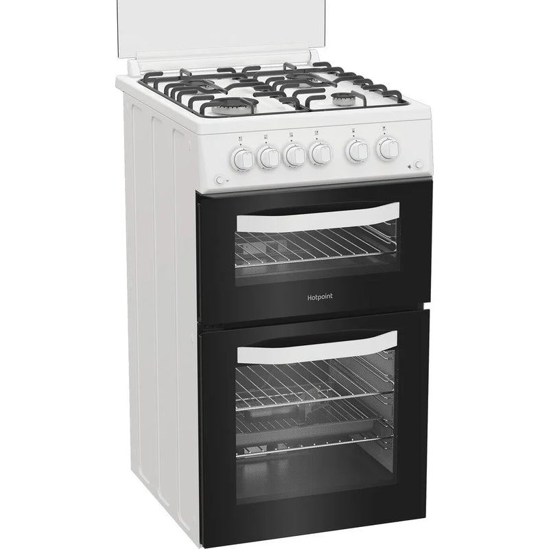 Hotpoint HDG5GCW 50cm Freestanding Gas Cooker – Double Oven, 4 Burner Hob – White (A+ Rated)
