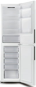 A white top-freezer refrigerator with both doors open, showing the empty interior shelves and drawer compartments against a plain white background.