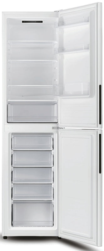 A white top-freezer refrigerator with both doors open, showing the empty interior shelves and drawer compartments against a plain white background.