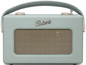 A light sage green portable radio with a matching leatherette handle, featuring a textured front grille and the 'Robert' brand name in silver script.
