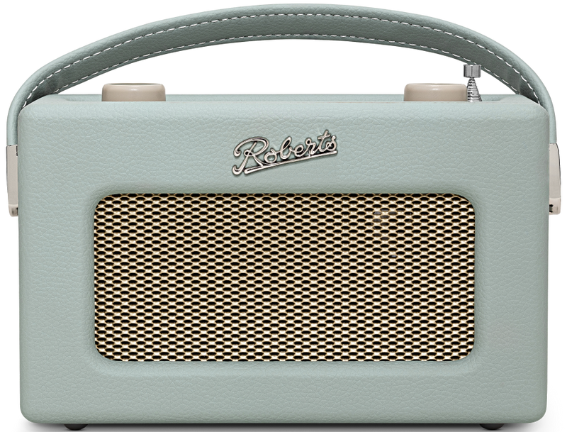 A light sage green portable radio with a matching leatherette handle, featuring a textured front grille and the 'Robert' brand name in silver script.