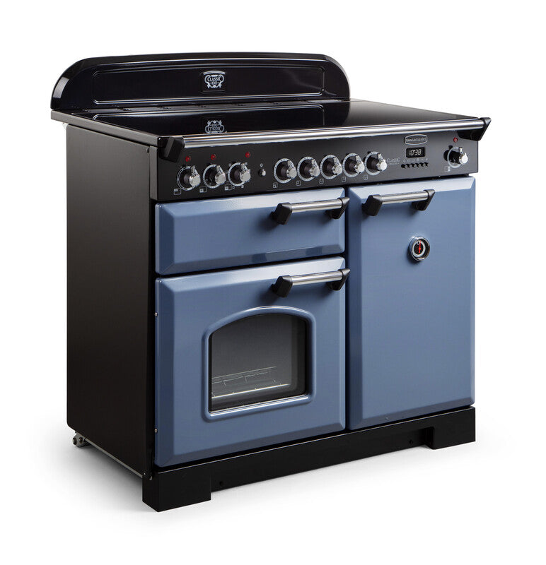 Rangemaster Classic Deluxe 100cm Dual Fuel Range Cooker Stone Blue with Chrome