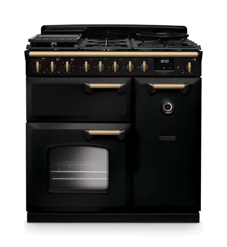 Rangemaster Classic Deluxe CLDL90DFPCBL/AB1 90cm Dual Fuel Charcoal Black/Antique Brass