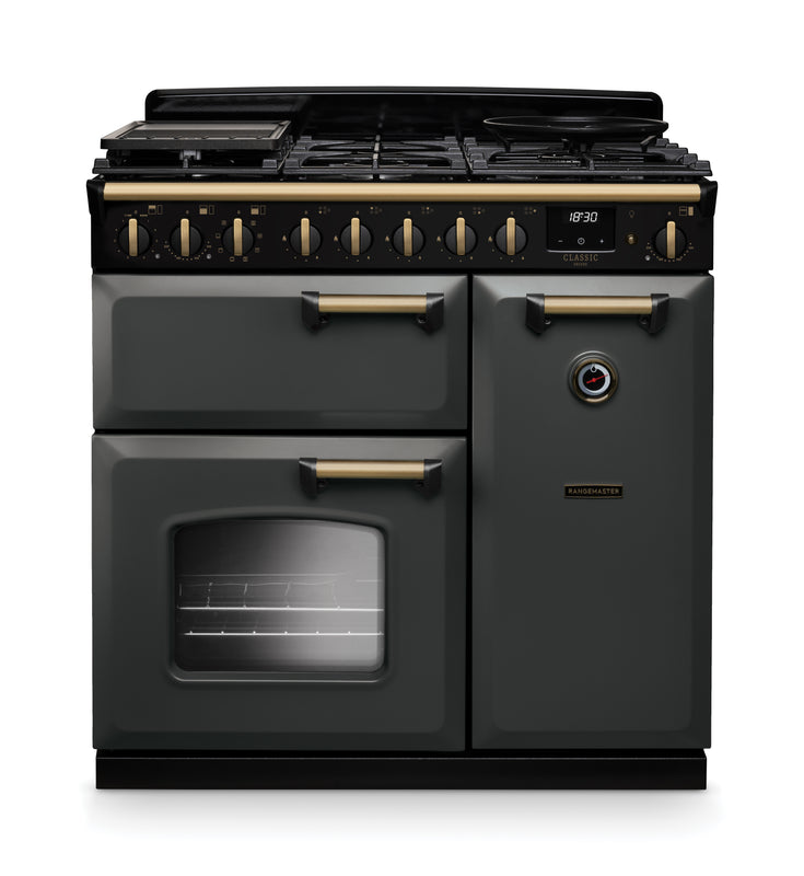 Rangemaster Classic Deluxe CLDL90DFPSLT/AB1 90cm Dual Fuel Slate/Antique Brass