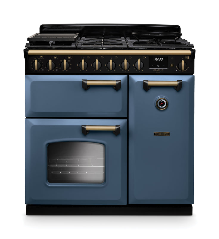 Rangemaster Classic Deluxe CLDL90DFPSTB/AB1 90cm Dual Fuel Stone Blue/Antique Brass