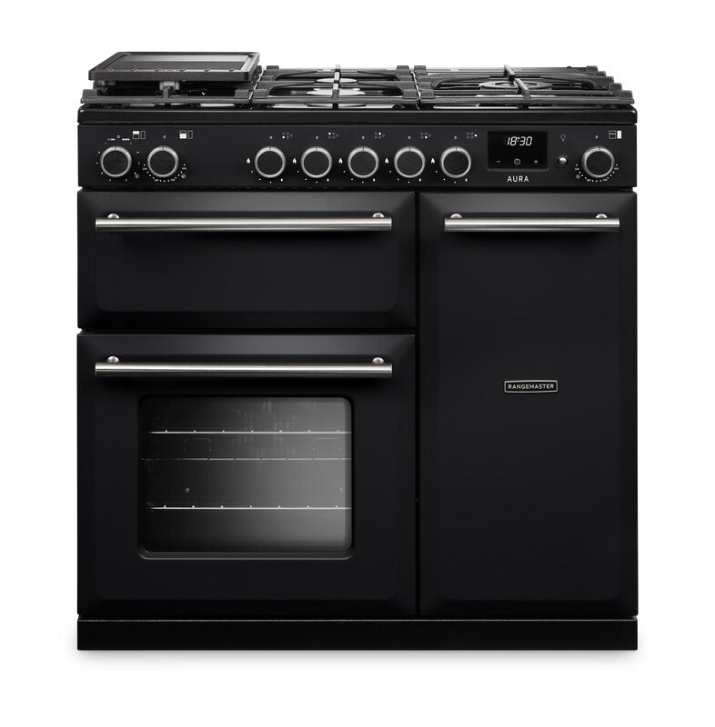 Rangemaster AURA AURA90DFPCBL/BN1 90cm Dual Fuel - Charcoal Black with Brushed Nickel