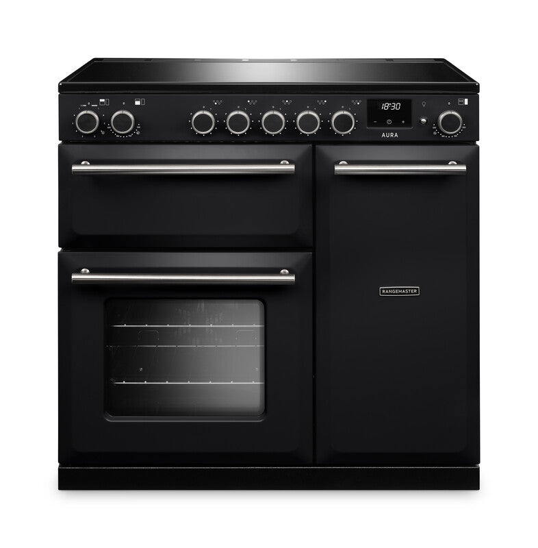 Rangemaster Aura AURA90EIPCBL/BN1 90cm Induction Range Cooker - Charcoal Black with Brushed Nickel Trim