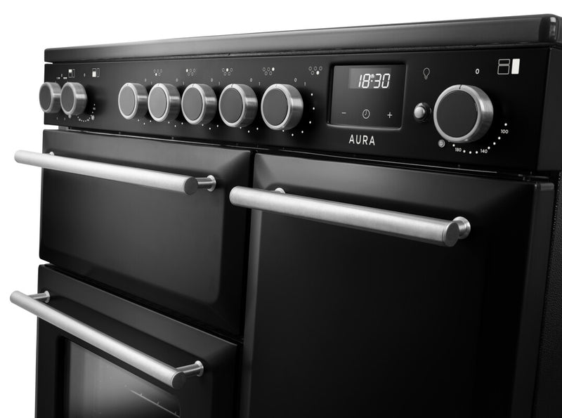 Rangemaster Aura AURA90EIPCBL/BN1 90cm Induction Range Cooker - Charcoal Black with Brushed Nickel Trim