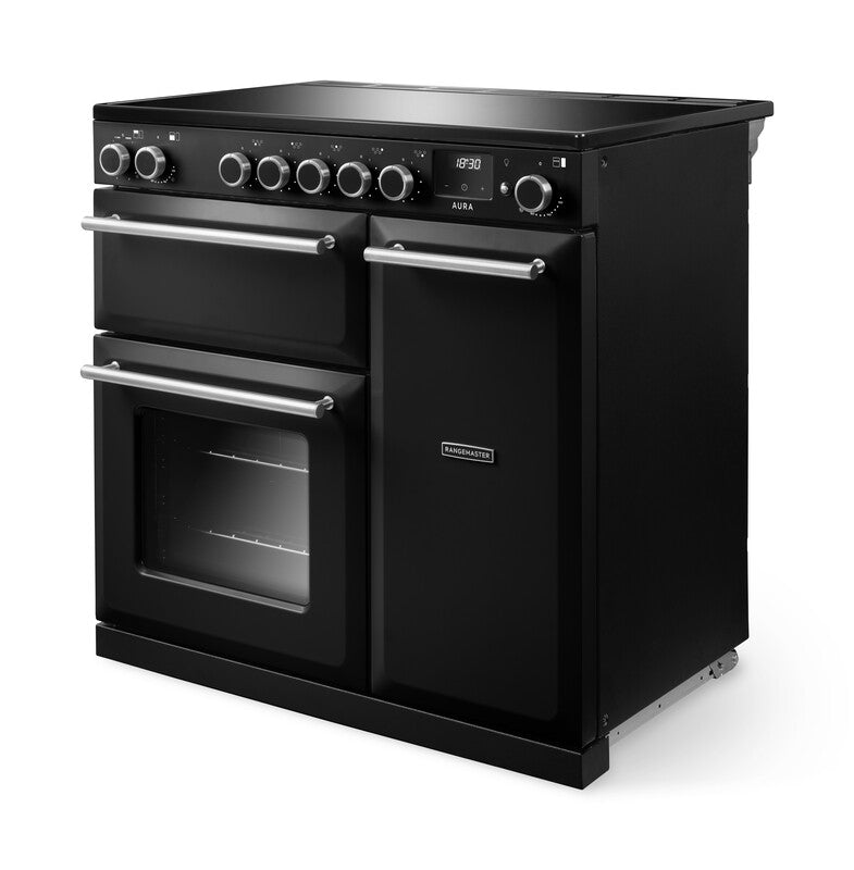 Rangemaster Aura AURA90EIPCBL/BN1 90cm Induction Range Cooker - Charcoal Black with Brushed Nickel Trim
