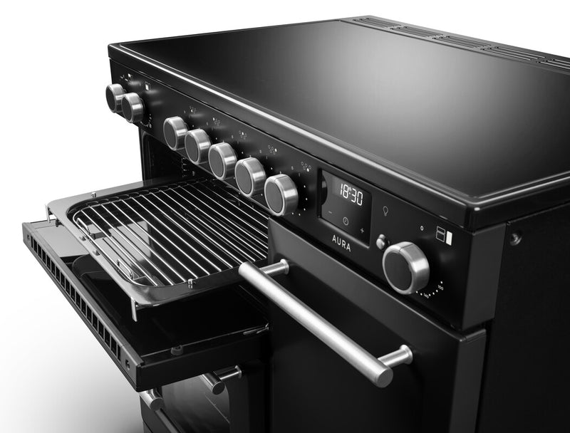 Rangemaster Aura AURA90EIPCBL/BN1 90cm Induction Range Cooker - Charcoal Black with Brushed Nickel Trim
