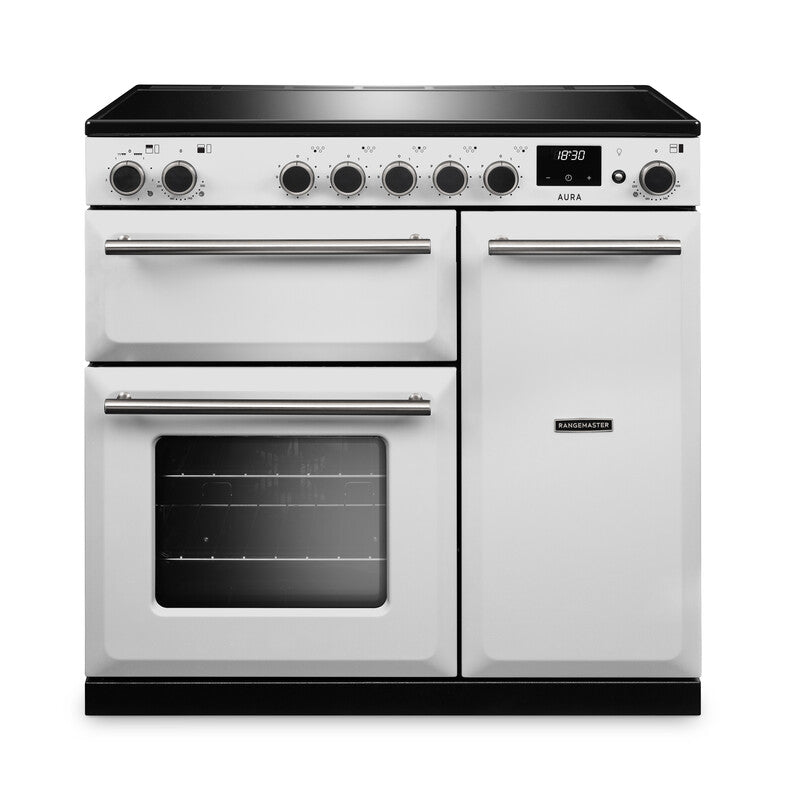 Rangemaster Aura AURA90EIPWHT/BN1 90cm Induction Range Cooker - White with Brushed Nickel Trim
