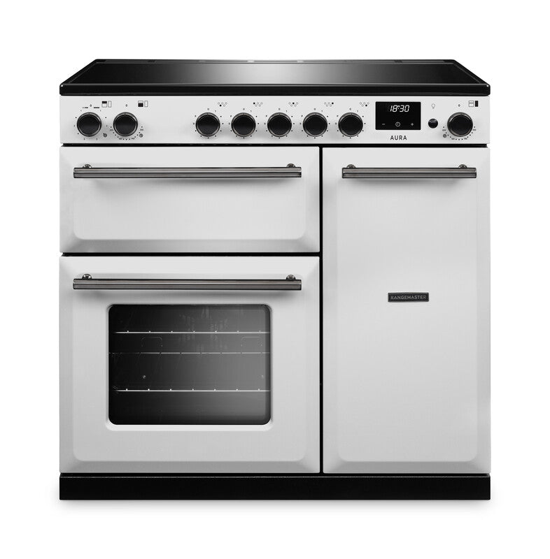 Rangemaster Aura AURA90EIPWHT/YX1 90cm Induction Range Cooker - White with Onyx Trim