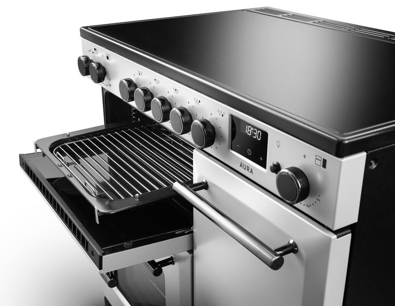 Rangemaster Aura AURA90EIPWHT/YX1 90cm Induction Range Cooker - White with Onyx Trim