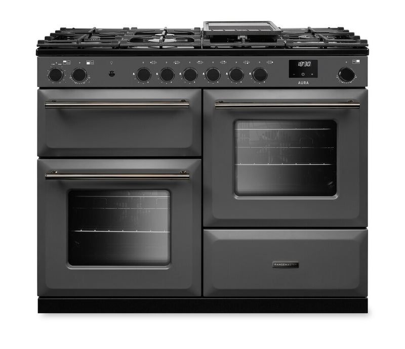 Rangemaster Aura AURAO110DFPSLT/YX1 110cm Dual Fuel Range Cooker - Slate with Onyx Trim