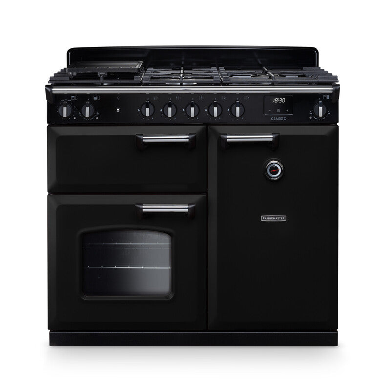 Rangemaster Classic CL100DFPGBL/CM1 100cm Dual Fuel Range Cooker – Gloss Black / Chrome Trim (A Rated)