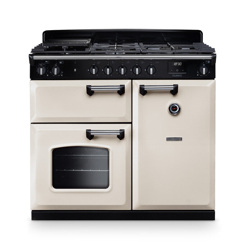 Rangemaster Classic  CLO110DFPPCR/CM1 110cm Dual Fuel Range Cooker – Pale Cream / Chrome Trim (A Rated)
