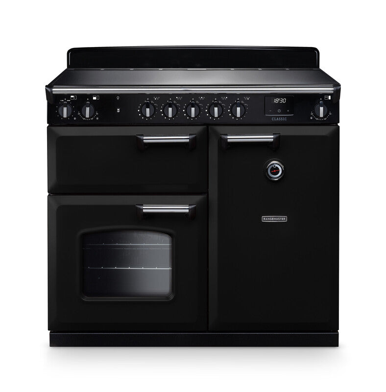 Rangemaster Classic CL100EIPGBL/CM1 100cm Induction Range Cooker – Gloss Black / Chrome Trim (A Rated)