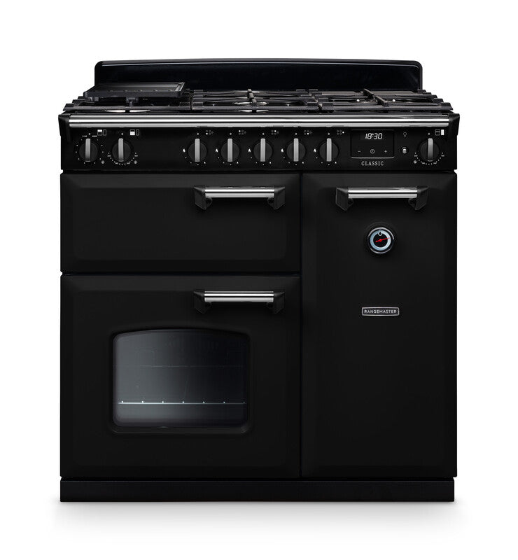 Rangemaster Classic CL90DFPGBL/CM1 90cm Dual Fuel Range Cooker – Gloss Black / Chrome Trim (A Rated)