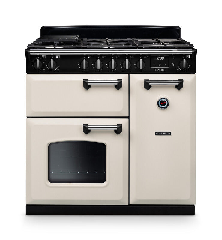 Rangemaster Classic CL90DFPPCR/CM1 90cm Dual Fuel Range Cooker – Pale Cream / Chrome Trim (A Rated)