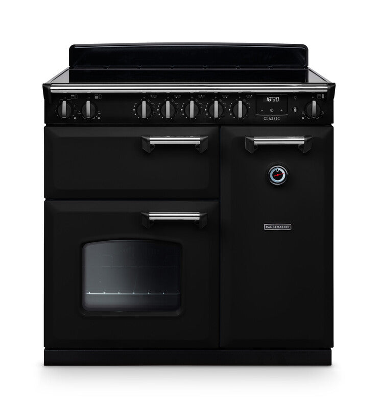 Rangemaster Classic CL90EIPGBL/CM1 90cm Induction Range Cooker – Gloss Black / Chrome Trim (A Rated)