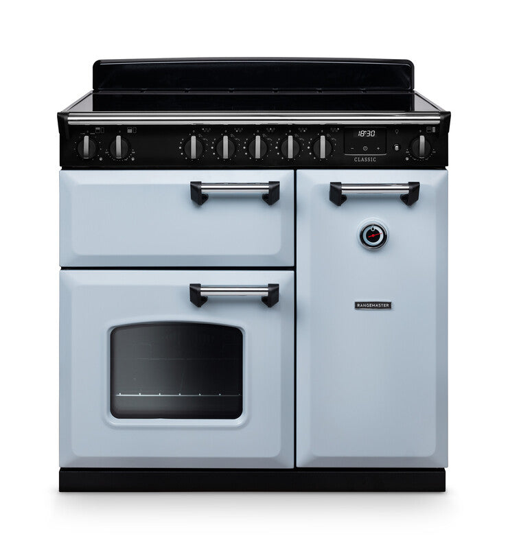 Rangemaster Classic CL90EIPMSB/CM1 90cm Induction Range Cooker – Misty Blue / Chrome Trim (A Rated)