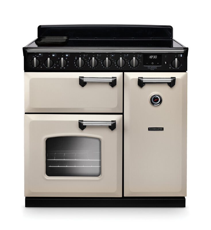 Rangemaster Classic CL90EIPPCR/CM1 90cm Induction Range Cooker – Pale Cream / Chrome Trim (A Rated)
