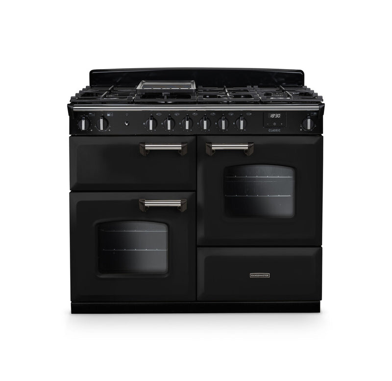 Rangemaster Classic CLO110DFPGBL/CM1 110cm Dual Fuel Range Cooker – Gloss Black / Chrome Trim (A Rated)