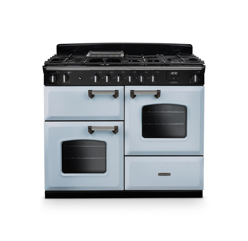 Rangemaster Classic CLO110DFPMSB/CM1 110cm Dual Fuel Range Cooker – Misty blue / Chrome Trim (A Rated)