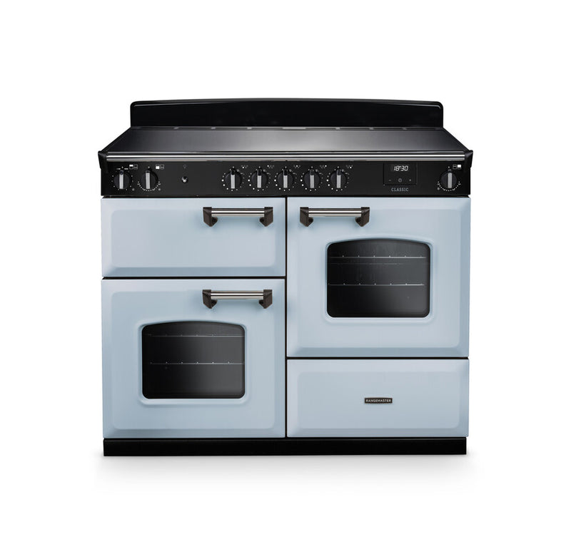 Rangemaster Classic CLO110EIPMSB/CM1 110cm Induction Range Cooker – Misty Blue / Chrome Trim (A Rated)