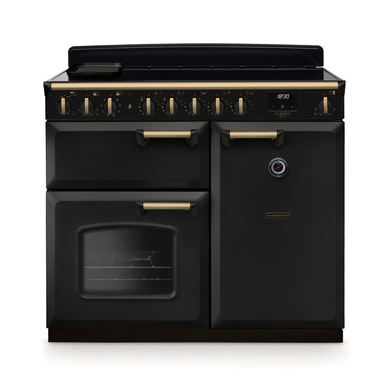 Rangemaster Classic Deluxe CLDL100EIPCBL/AB1 100cm Induction Range Cooker – Charcoal Black / Antique Brass Trim (A Rated)