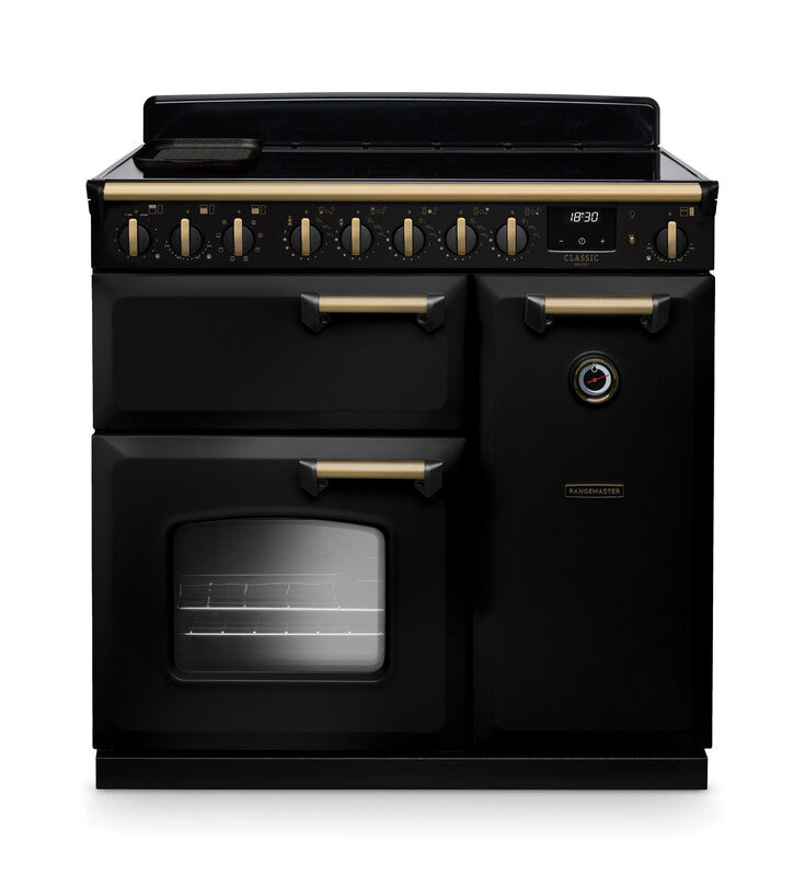 Rangemaster Classic Deluxe CLDL90EIPCBL/AB1 90cm Induction Range Cooker – Charcoal Black / Antique Brass Trim (A Rated)