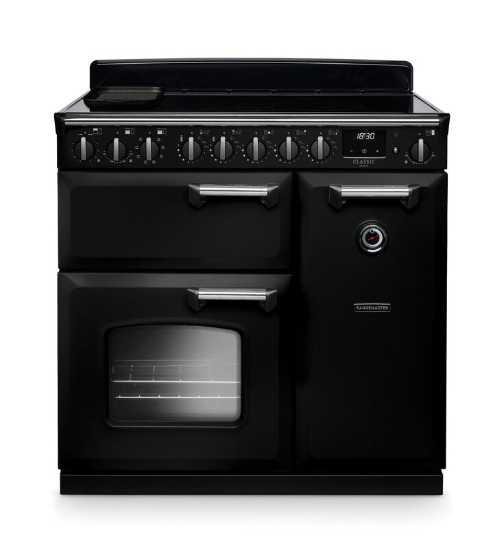 Rangemaster Classic Deluxe CLDL90EIPCBL/CM1 90cm Induction Range Cooker – Charcoal Black / Chrome Trim (A Rated)