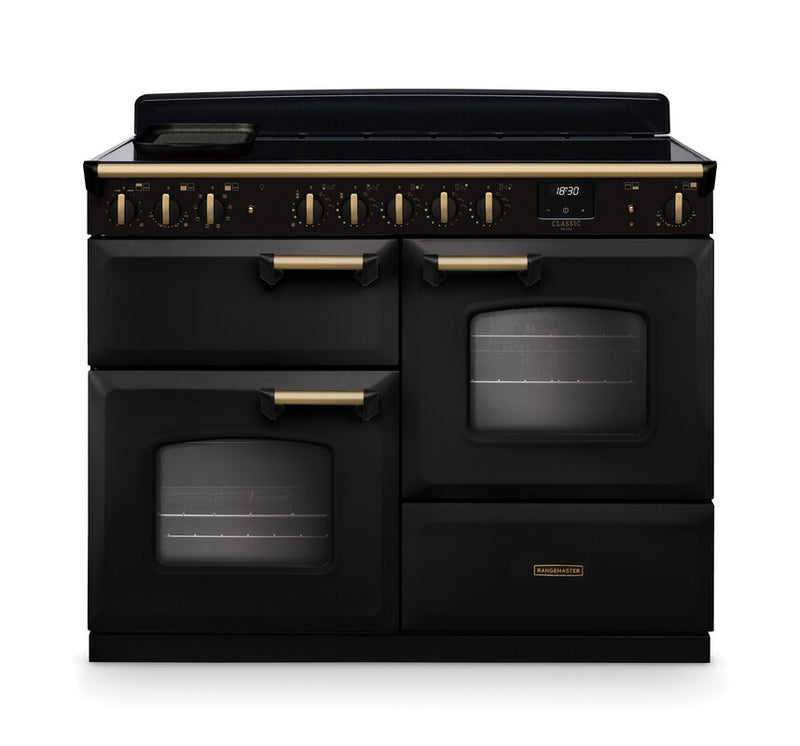 Rangemaster Classic Deluxe CLDLO110EIPCBL/AB1 110cm Induction Range Cooker – Charcoal Black / Antique Brass Trim (A Rated)