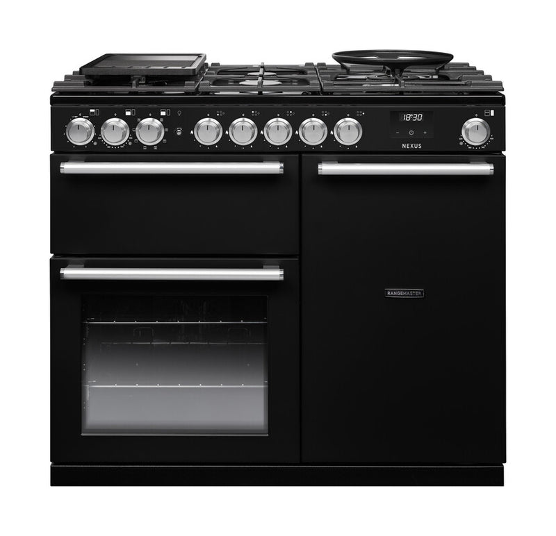 Rangemaster Nexus NEX100DFPGBL/CM1 100cm Dual Fuel Range Cooker - Gloss Black & Chrome Trim