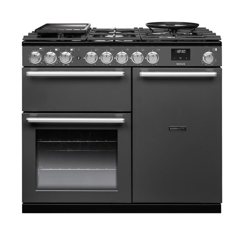 Rangemaster Nexus NEX100DFPSLT/CM1 100cm Dual Fuel Range Cooker - Slate & Chrome Trim