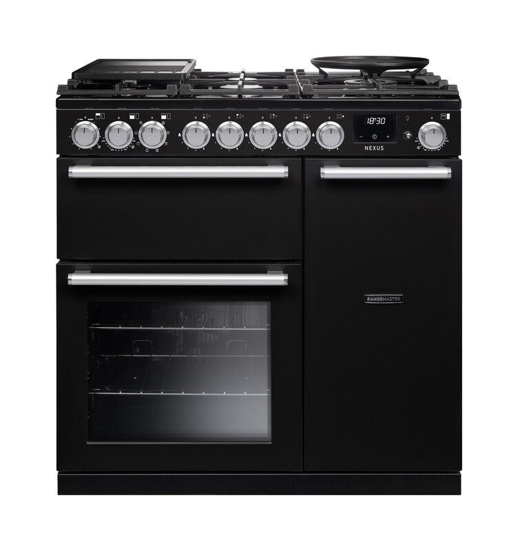 Rangemaster Nexus NEX90DFPCBL/CM1 90cm Dual Fuel Range Cooker - Charcoal Black & Chrome Trim