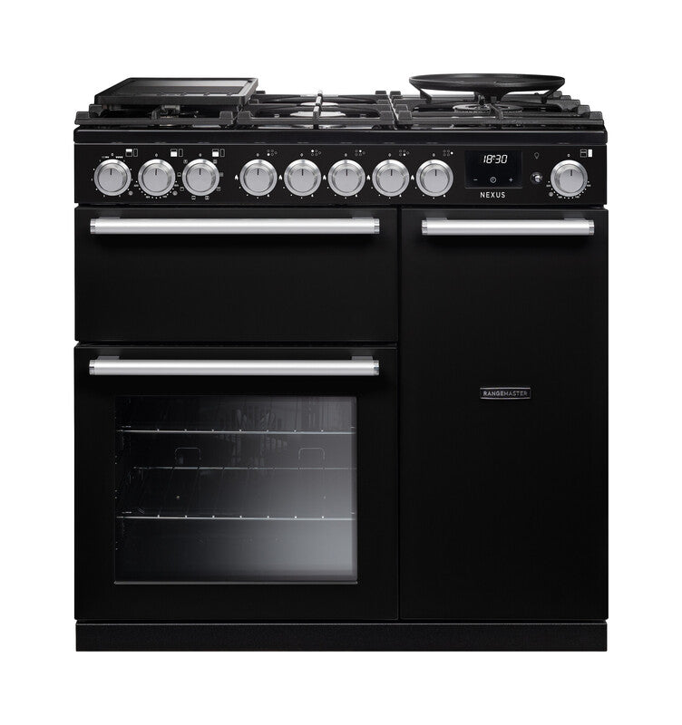 Rangemaster Nexus NEX90DFPGBL/CM1 90cm Dual Fuel Range Cooker - Gloss Black & Chrome Trim