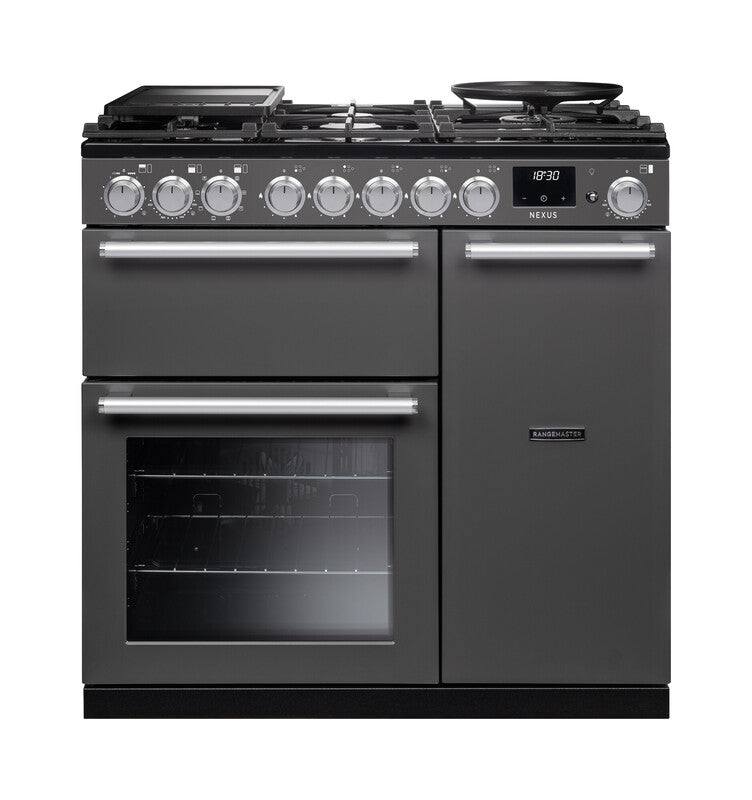 Rangemaster Nexus NEX90DFPSLT/CM1 90cm Dual Fuel Range Cooker - Slate & Chrome Trim